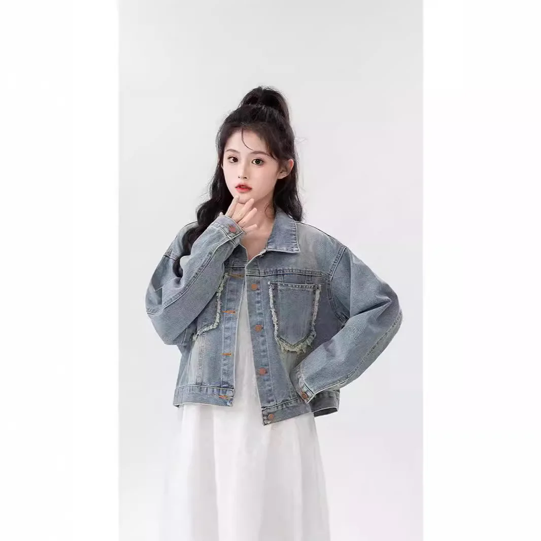 데님 코트 여성 빈티지 재킷 탑 스트릿웨어 싱글 버튼 턴다운 칼라 포켓 워싱 디스트레스드 아우터웨어 가을 2025