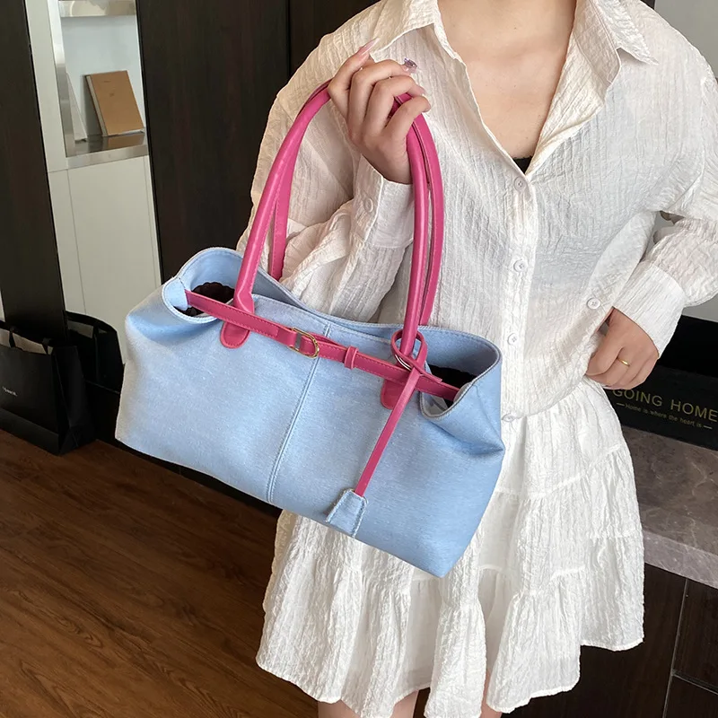 Women New Denim Large Capacity Colorblock Trendy Chic Underarm Top Handle Tote Bag Commuter Daily