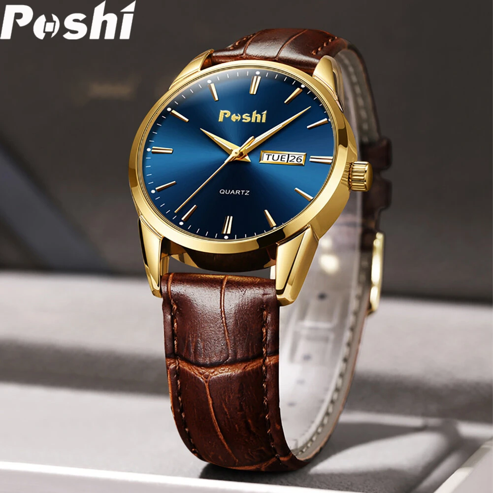 POSHI Original Brand Men Watches Leahter Strap Casual Fashion Quartz Watch Luxury Wristwatch for Man with Date Week