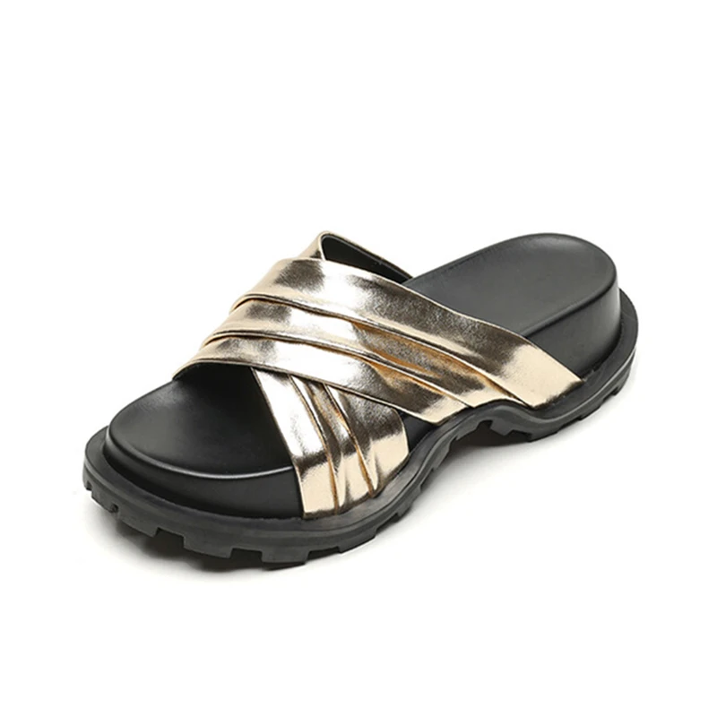 

Trend New Female Slippers Summer Cross Belt Design Striped Upper Platform Sandals Soft Comfort Wear Resistant Ladies Slippers