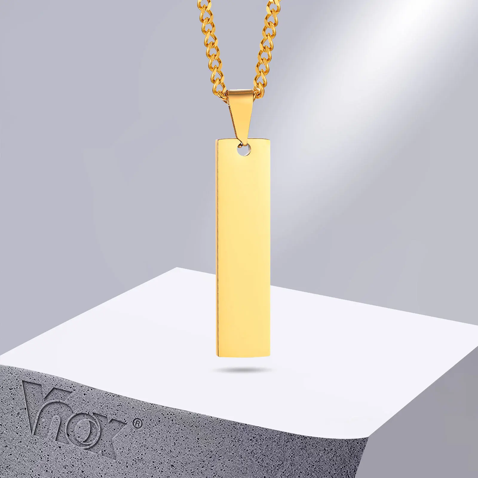 Vnox Free Custom Engrave ID Bar Necklace for Women, Simple Stainless Steel Metal Vertical Geometric Tag Pendant Gift Jewelry