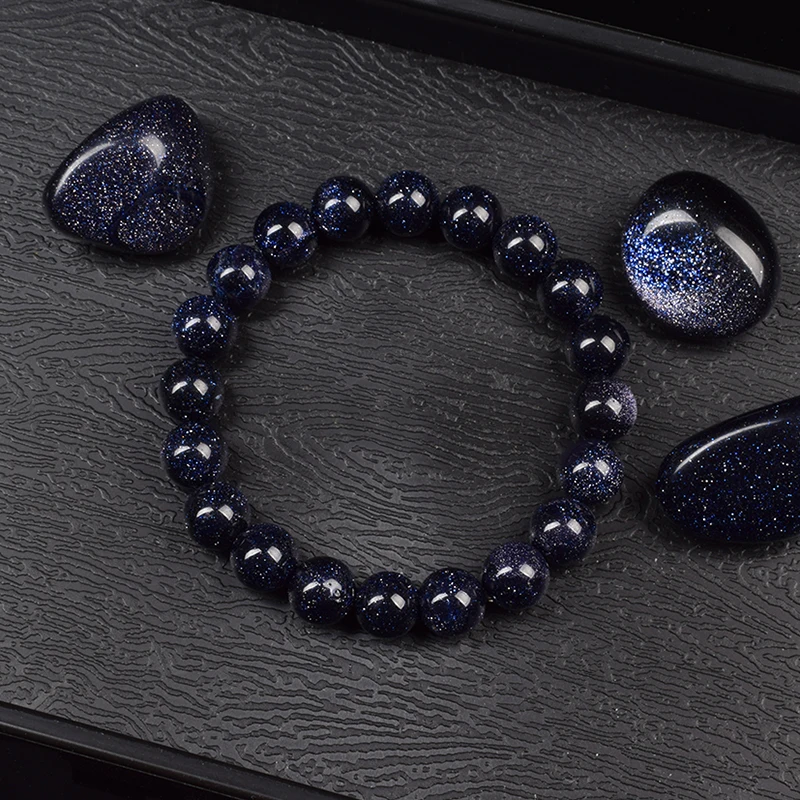 Blue Sandstone Beads Bracelet for Women Men Starry Sky Radiance Blue Sand Stone Elastic Rope Round Beaded Bracelets Jewellery