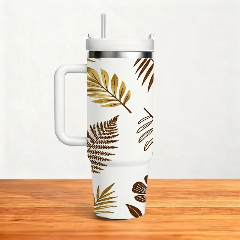 Elegant Golden And Brown Botanical Floral Print 40Oz Stainless Steel Insulated Tumbler, Digitally Printed Nature-Themed Cup with Fern, Palm Leaf And Flower Patterns, Perfect for Daily Drinks, Commute And Outdoor Use