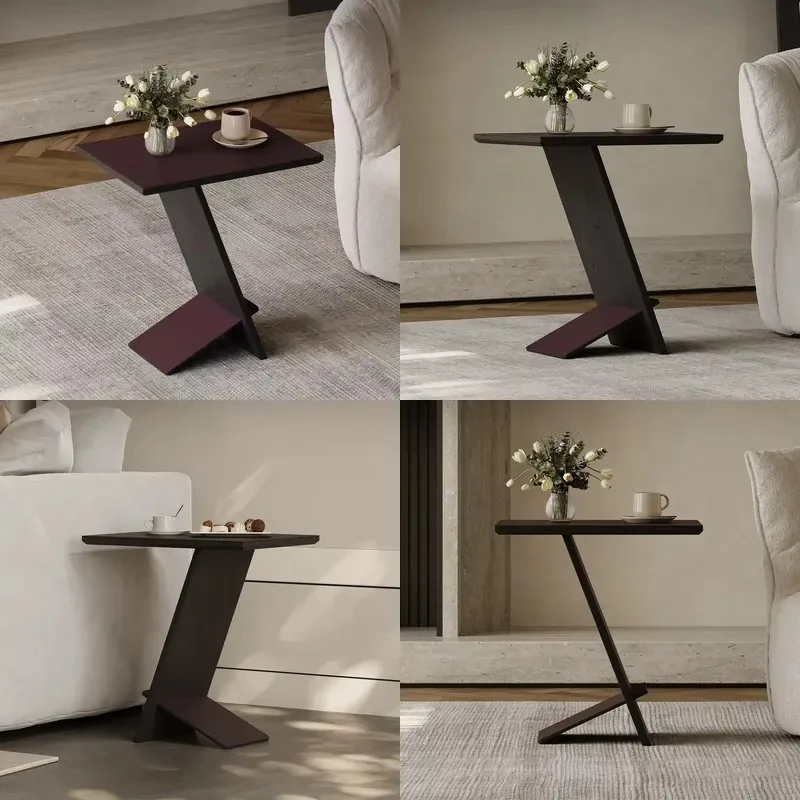 Modern Solid Wood Z Shaped Side Table with Leather Top Small Coffee Table for Living Room Bedroom Sofa End Table