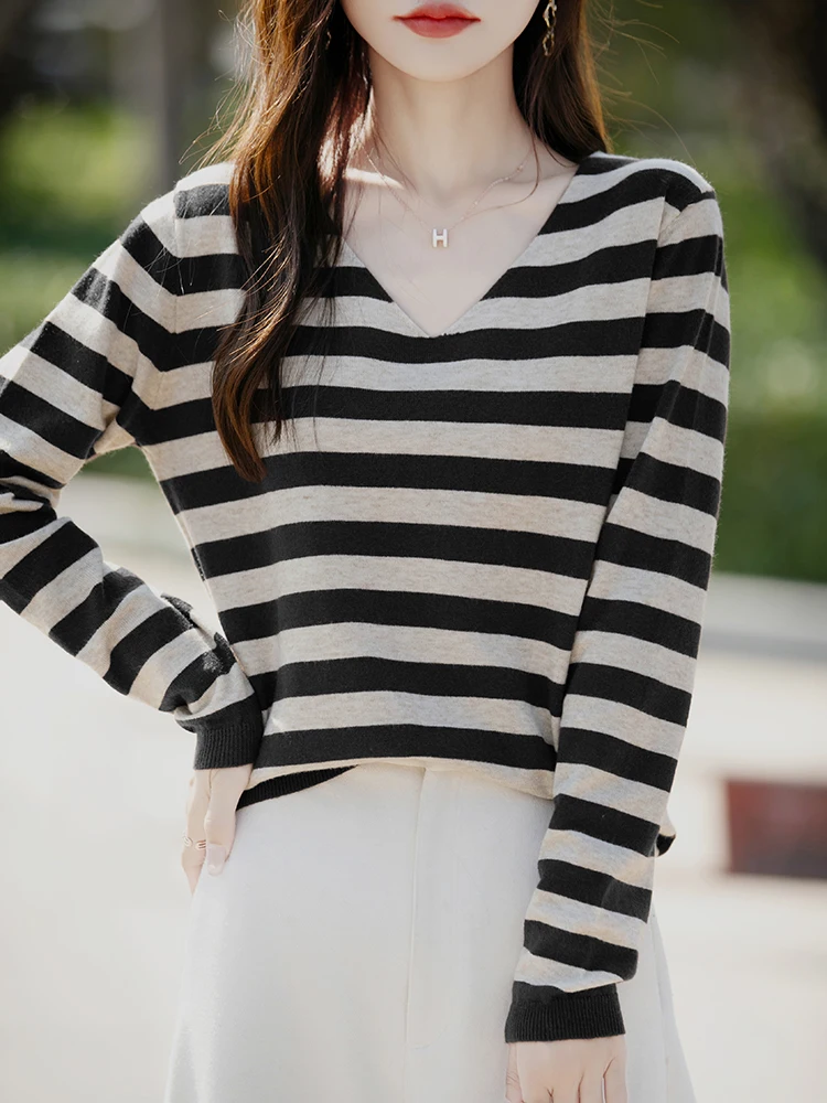 Autumn Winter Women Merino Wool  Sweater V Neck Striped Knit Sweater Loose Casual Long Sleeve Basic Pullover Tops