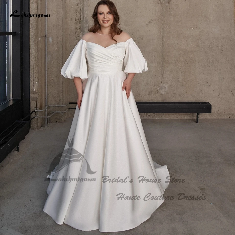 Lakshmigown modesto cetim nupcial a linha vestidos de casamento rendas até voltar 2023 plus size vestido de casamento feminino praia inchado meia mangas