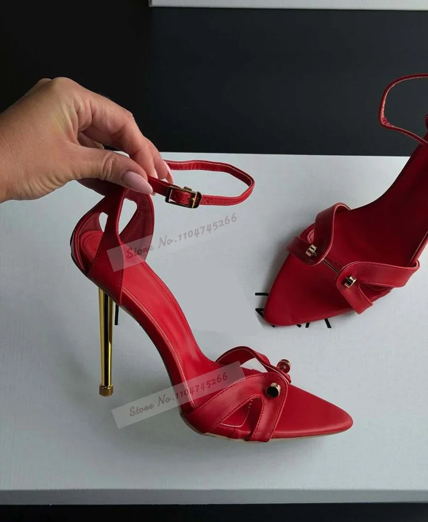 Golden Stiletto Heels Metal Decoration High Heel Sandals Red Black Matte Rivets Dress Shoes Studded Elegant Banquet Pumps