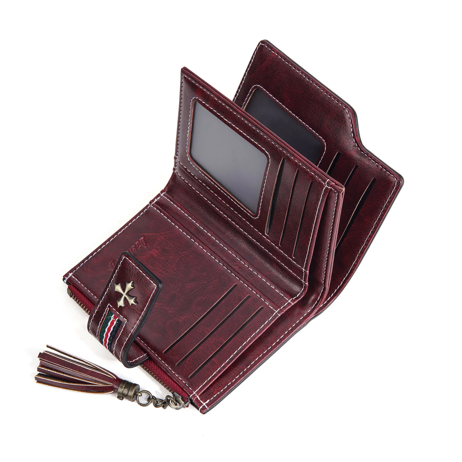 Neue PU-Damenbrieftasche mit Ölwachs-Lederquasten, Modische Dreifach Gefaltete Kurze Geldbörse, Mehrfach-Fach Reißverschluss-Münzbörse – Detail 7