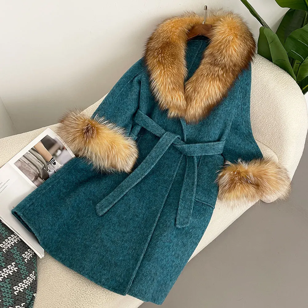 

Elegant Winter Real Fox Fur Coat Women Natural Long Fur Coat 2026 Wool Jacket Belt Female Woolen Modern European Fashion Clothes