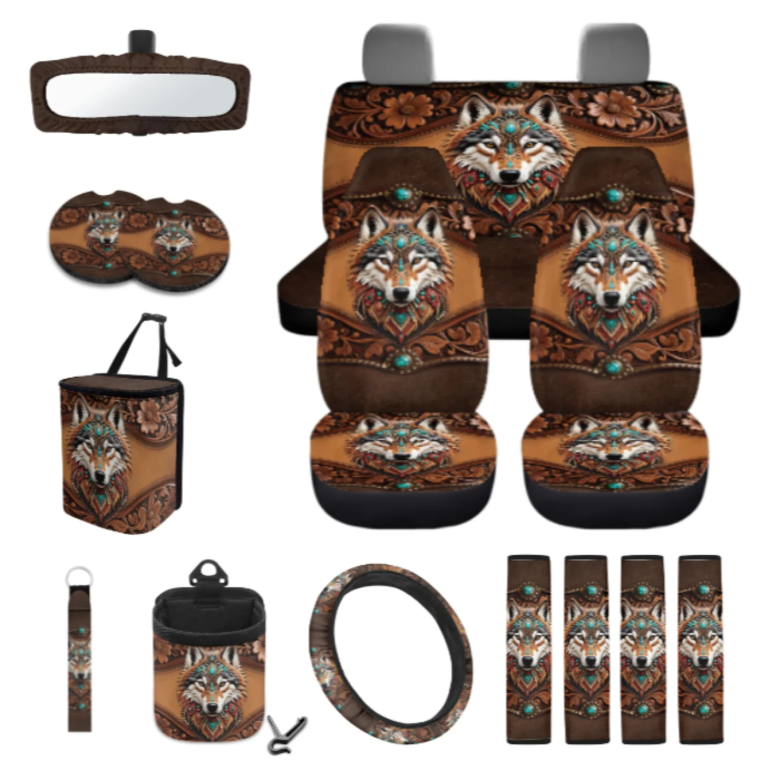Coloranimal Wolf 15 PCS with Anti-Skid Side Mirror Protector and Key Pendant for Car Interior