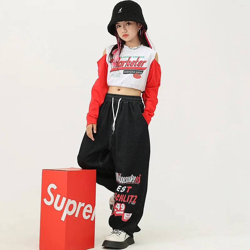 New Girls Hip Hop Dance Costumes Patchwork Off-the-shoulder Top Letter Print Jeans Kid Jazz Dance Performance Stage Rave Clothes