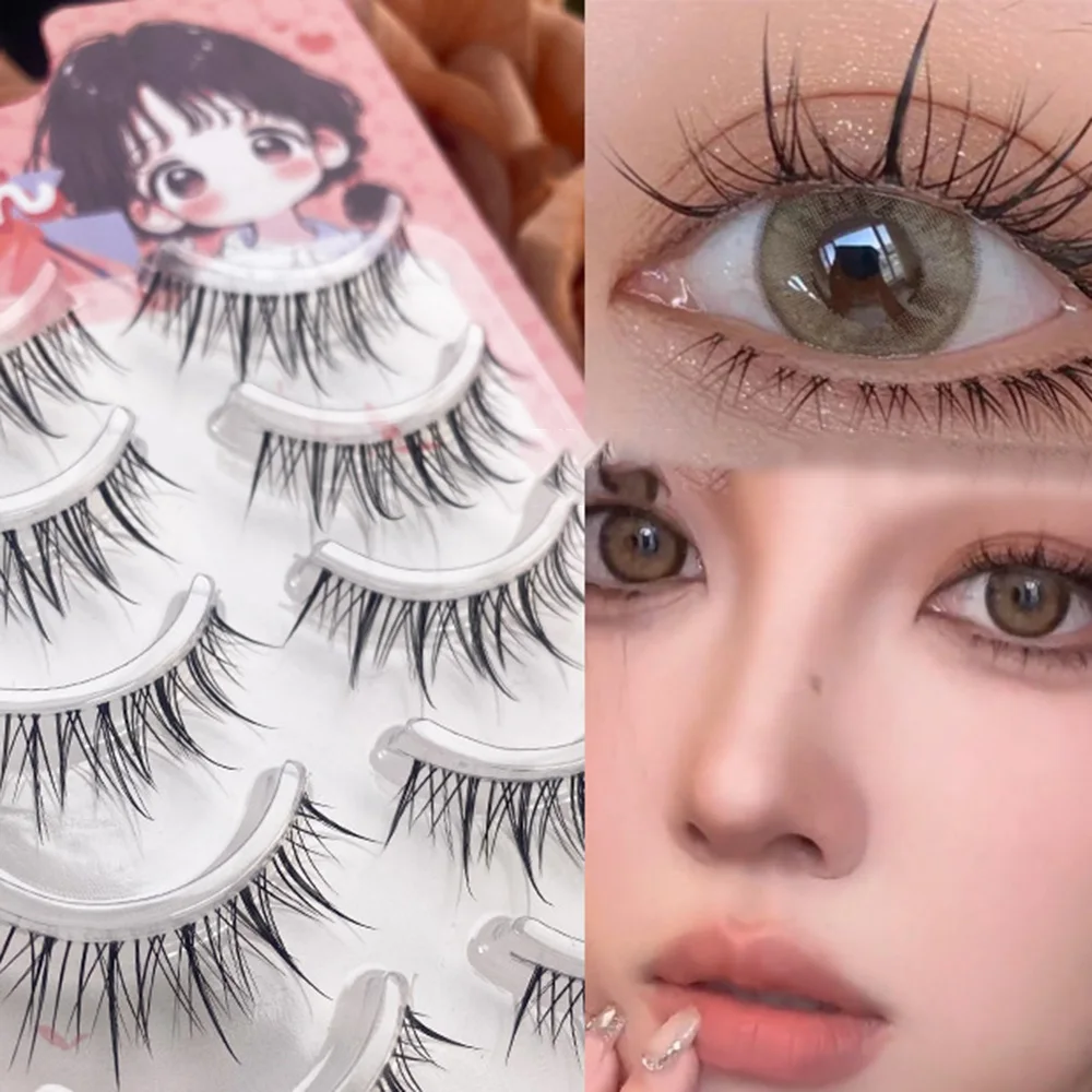 

5 Pairs Full Strip False Eyelashes Baby Bend Thai Style Little Devil Fake Eyelash Transparent Stem Soft Lashes Idol Eye Makeup