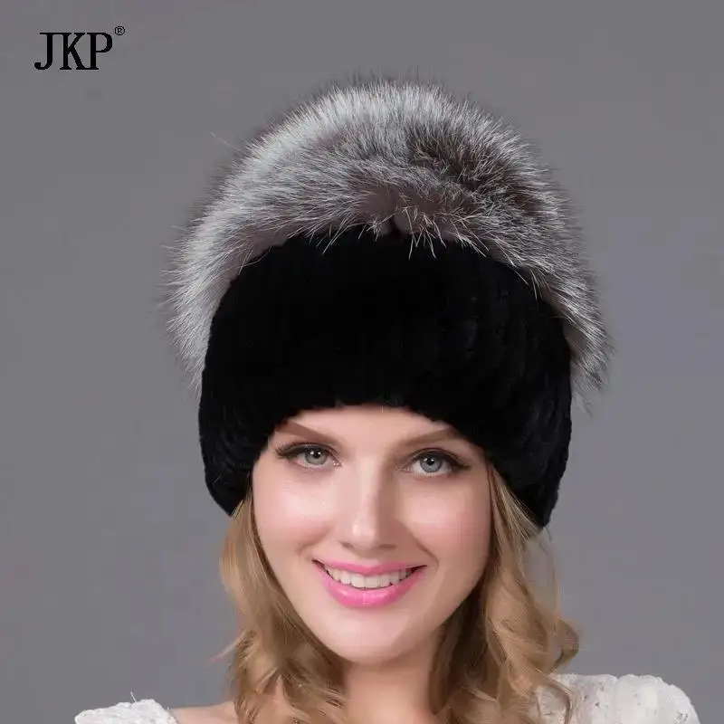 JKP Winter Rex Rabbit Fur Hat For Women With Fox Fur fashion Knitted Cap Beanies Fur Hat Send Gift Good Quality caps THY-27