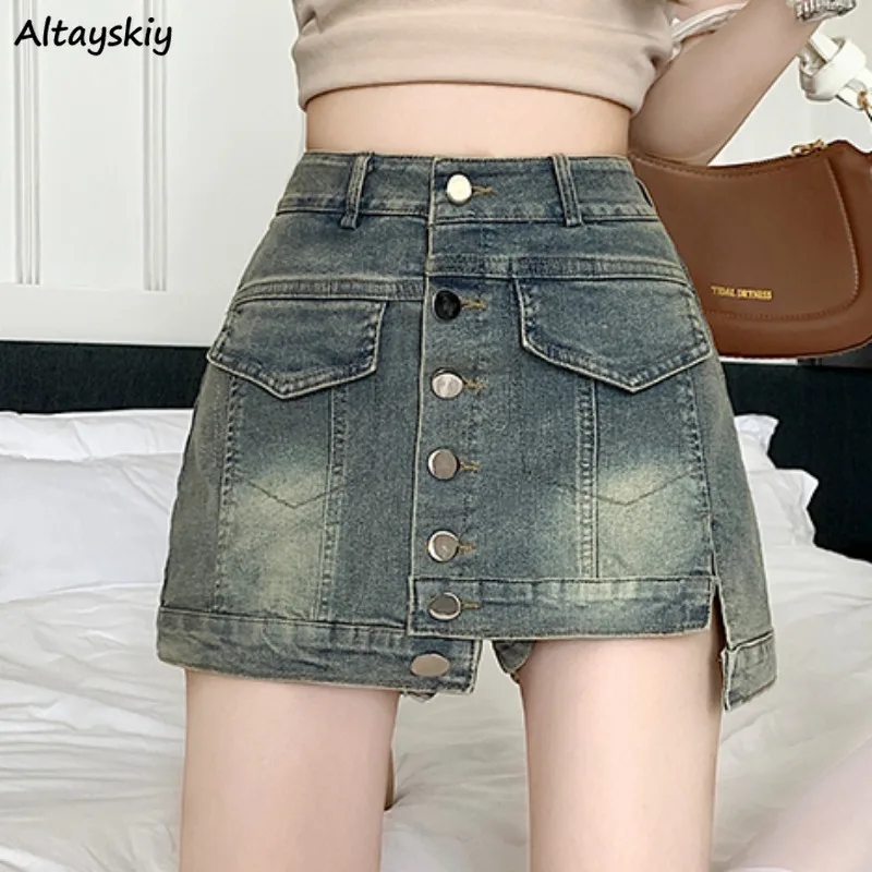 

American Style Skirts for Women Summer Denim Button Design Ins Chic Retro Mini High Waist Sexy Girls All-match Washed Hotsweet