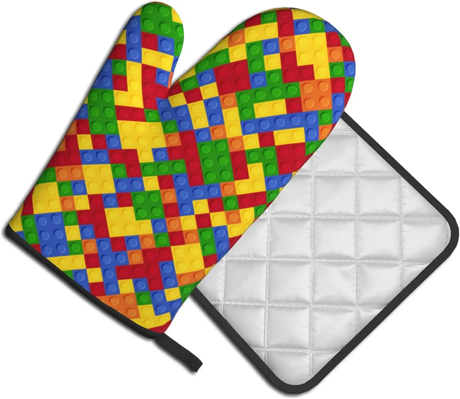 Colorful Building Blocks Oven Mitts and Pot Holders Set, Washable Heat Resistant Kitchen Non-Slip Grip Oven Gloves