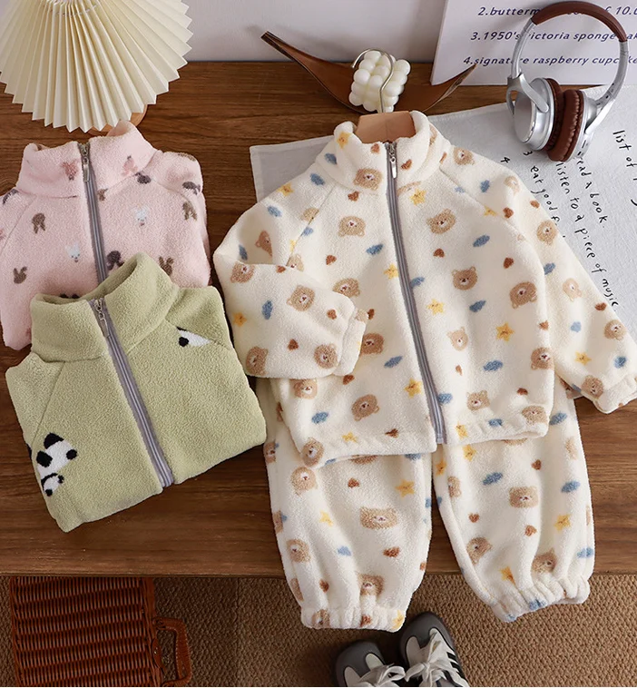 Autumn Winter Kids Thick Fleece Pajama Sets  Korean Cartoon Toddler Girls Fashion Plush Warm Outfits 1-4Y Boys Home Wear Suit