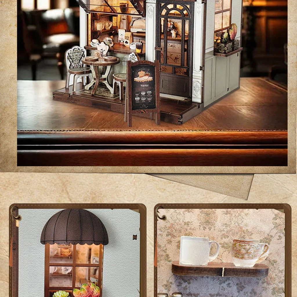 مجموعة منزل مصغرة DIY "عداد المقهى" ثلاثية الأبعاد من OUZEY - نموذج مقهى خشبي، هدية تجميع ألغاز إبداعية #4