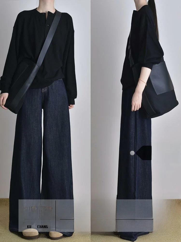 

Прямые брюки с высокой талией, облегающие уличные джинсы, женские осенне-зимние свободные широкие брюки длиной до пола, глубокий цвет