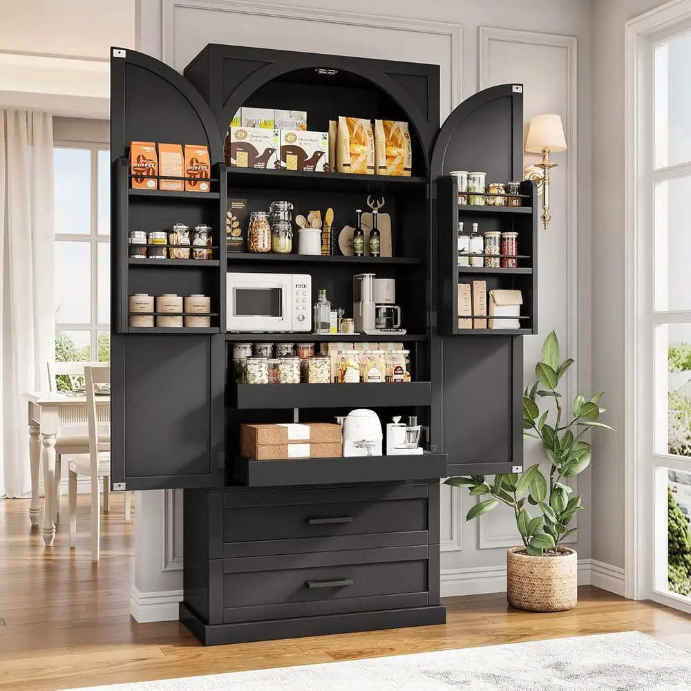 

71 Tall Black Kitchen Pantry Cabinet with Adjustable Shelves, Door Storage, Suitable for Dining and Living Rooms