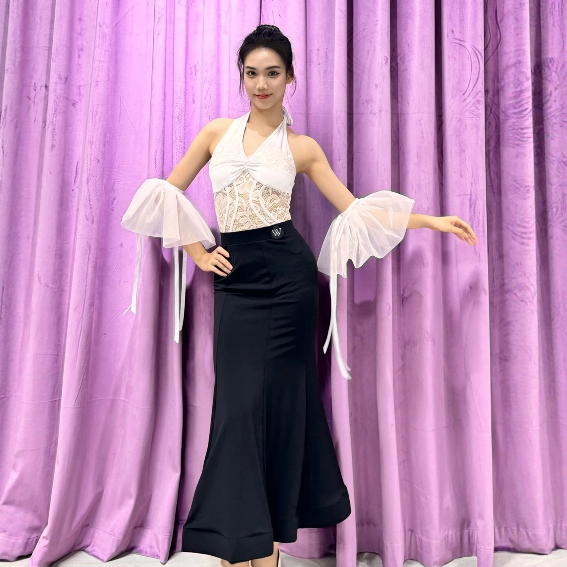Traje de dança de salão feminino renda branca topos saia preta baile clube valsa dança desempenho roupas vestido competição dnv24404