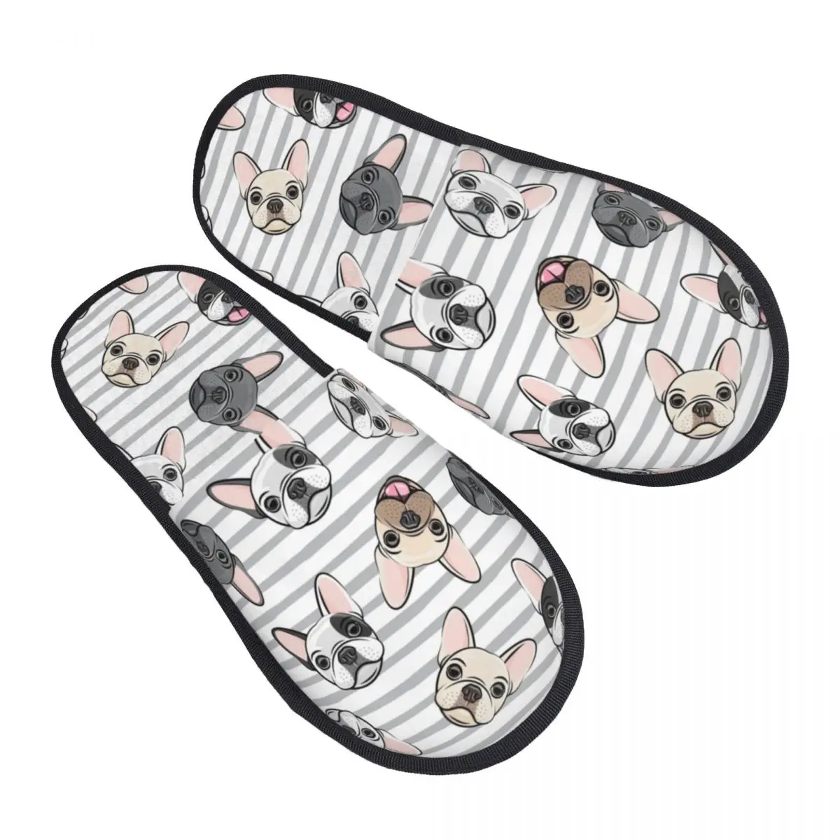 Custom Grey Stripes Cute French Bulldogs House Slippers Women Soft Memory Foam Frenchies Pet Dog Slip On Spa Slipper Shoes