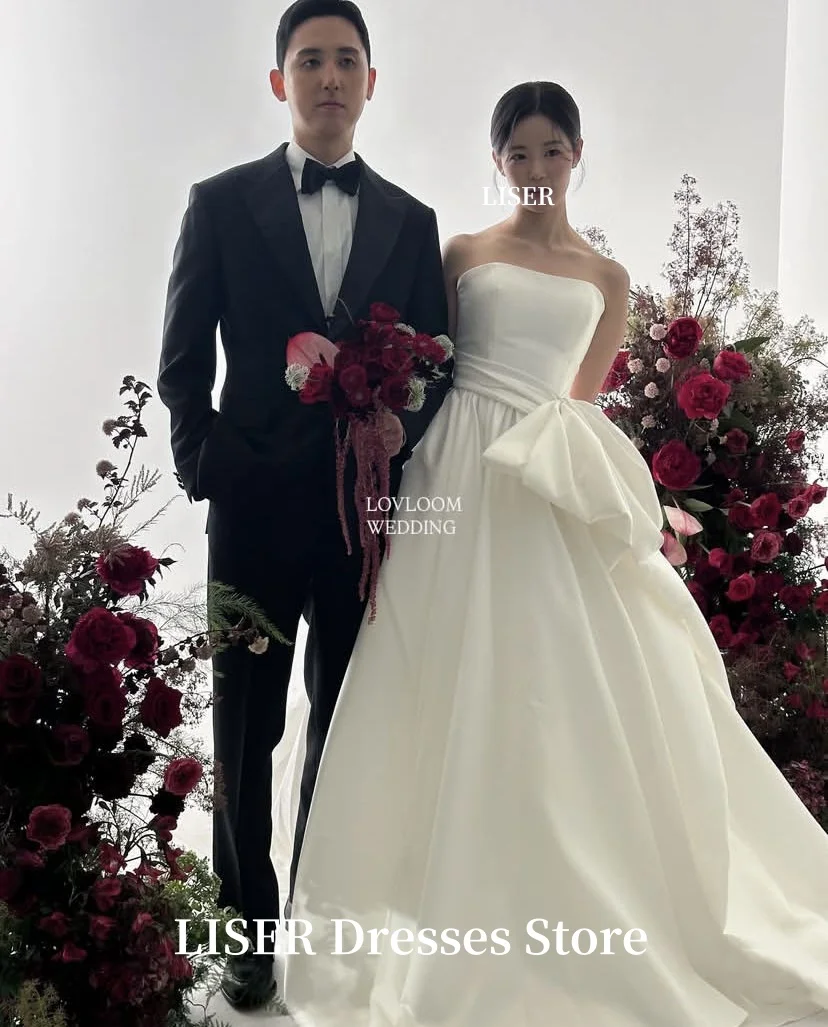 Liser Sweet Bowknot Korea Wedding Dresses A-Line Silk Satin Elegant Bridal Gowns 웨딩드레스 Corset Back Customize Photo Shoot