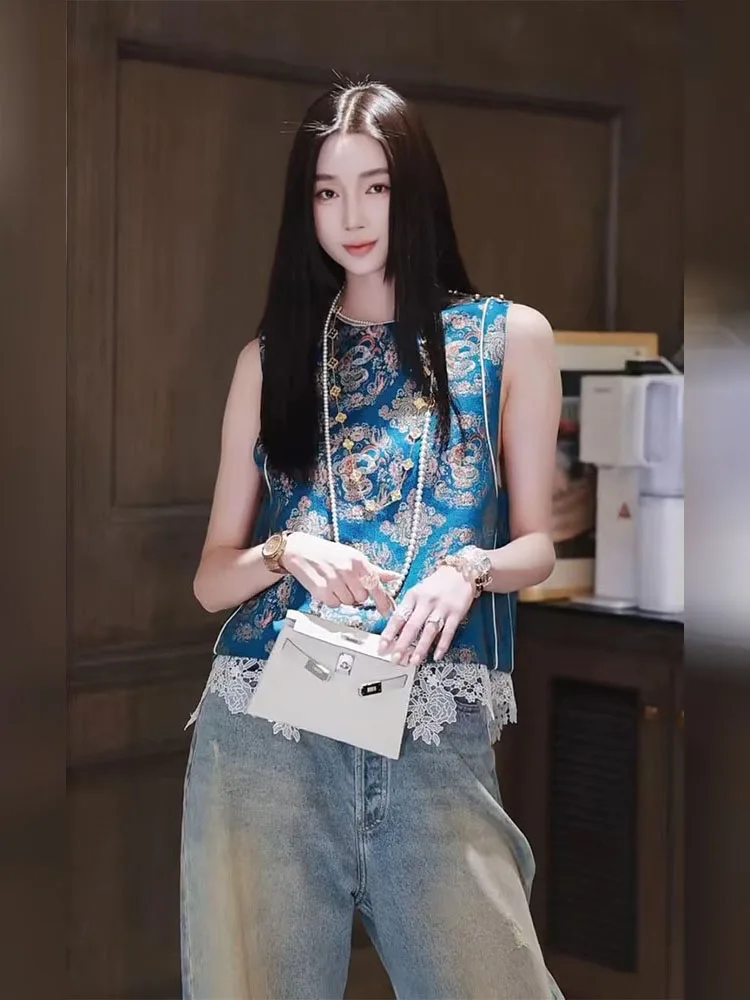 

Новый китайский синий жилет, топ, женская верхняя одежда с скользящим верхом, лето 2025 Faion, круглые длинные брюки