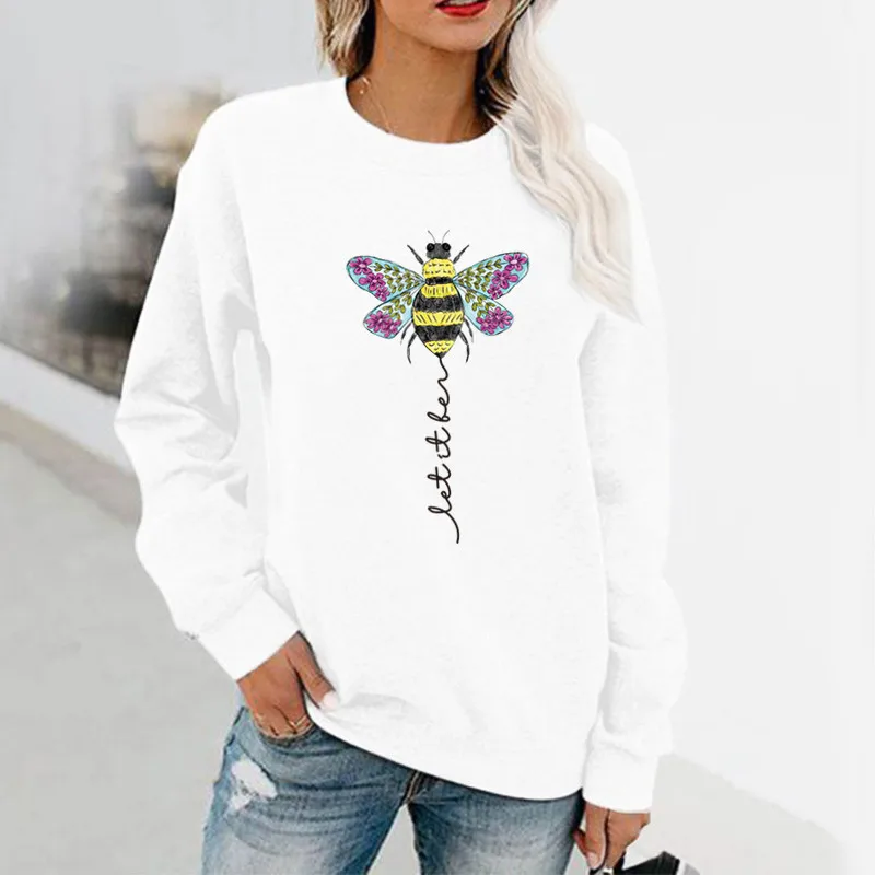 Bee Fun Print Long Sleeve Hoodless Crewneck Hoodie Lady Sweatshirt  Streetwear Women  Sweatshirts Clothes