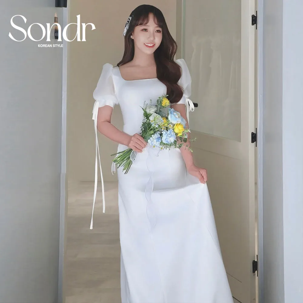 

Sondr Square Collar Short Sleeves Korean Wedding Dresses Elegant Simple Japanese Wedding Party Gown Customized Photo Shoot Gown