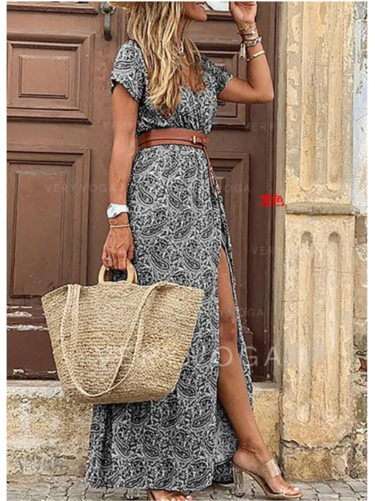 

New Summer V-neck Floral Short-sleeved Belt Women's Dress 2025 Fashionable Casual Loose Waist-hugging Long Skirt Dress Females