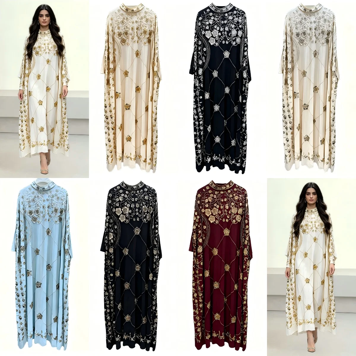 White Gold Beaded Cape Sleeve Modest Kaftan Maxi Dress Luxury Muslim Evening Party Gown for Women Wedding Guest Formal Occasion