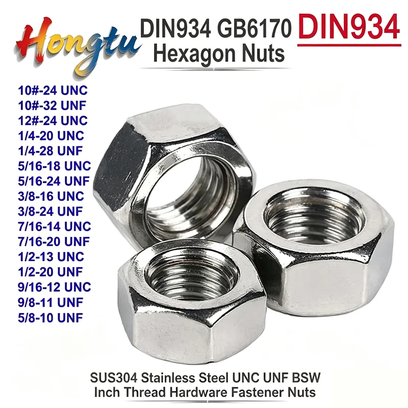DIN934 GB6170 Hexagon Nuts SUS304 Stainless Steel UNC UNF BSW Inch Thread Hardware Fastener Nuts