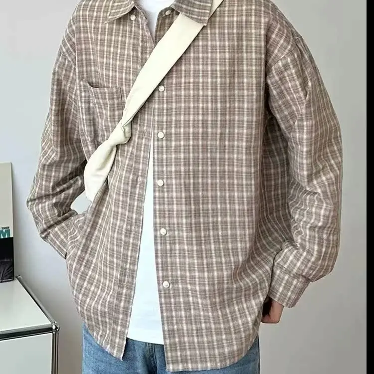 Spring Large Size American Retro Men's Long Sve irt Casual Plaid Loose Fit Collar Coat Trendy Youth Sle