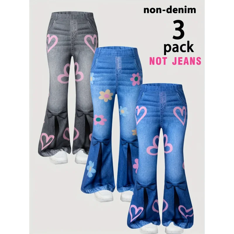 

3Pack of Girls' Faux Denim Flared Pants for Summer and Autumn, Soft and Stretchy Casual Wear