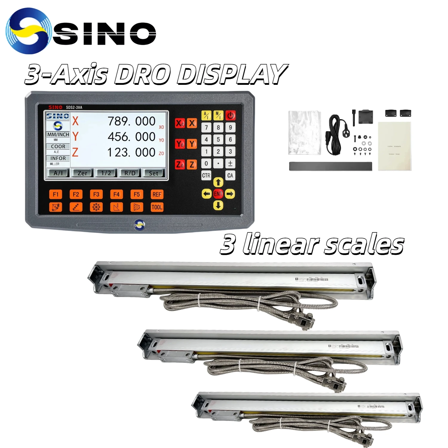 SINO 3-Achsen-LCD-DRO-Digitalanzeigekit mit 3 oder 2 DRO-Linearskala, Gitterglaslineal zum Fräsen von Drehmaschinen, SDS2-3VA