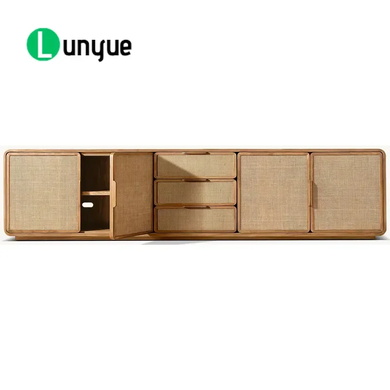 Modern Woven Panel TV Cabinet 4 Door Rounded Wood Frame Low Media Storage Console Furniture for Living Room Home Decor