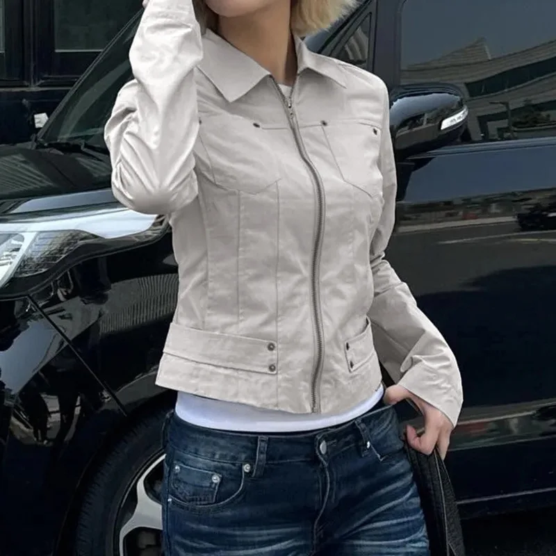 Women Jacket Pocketd Long Sleeve dCasual Zipper Coats Slim Fit Turn Down Collar Solid Outwear Elegant Lady Autumn - Image 5