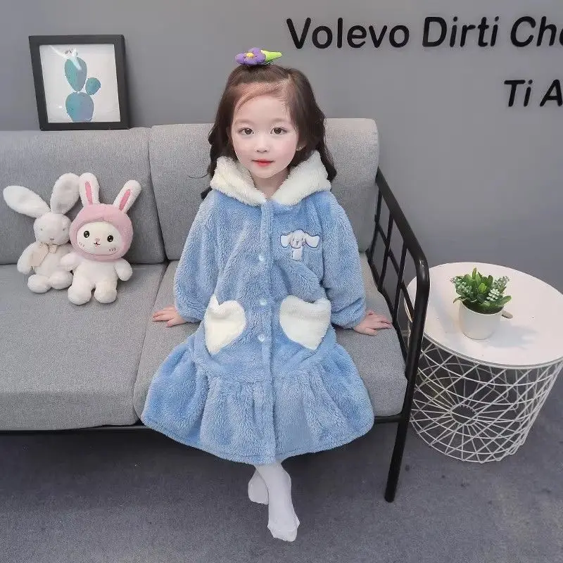 Cinnamoroll Children's Pajamas Night-Robe Girls Winter Kids Loungewear Pajama Kawaii Anime Blue Child Hooded Warm Sleepwear Robe