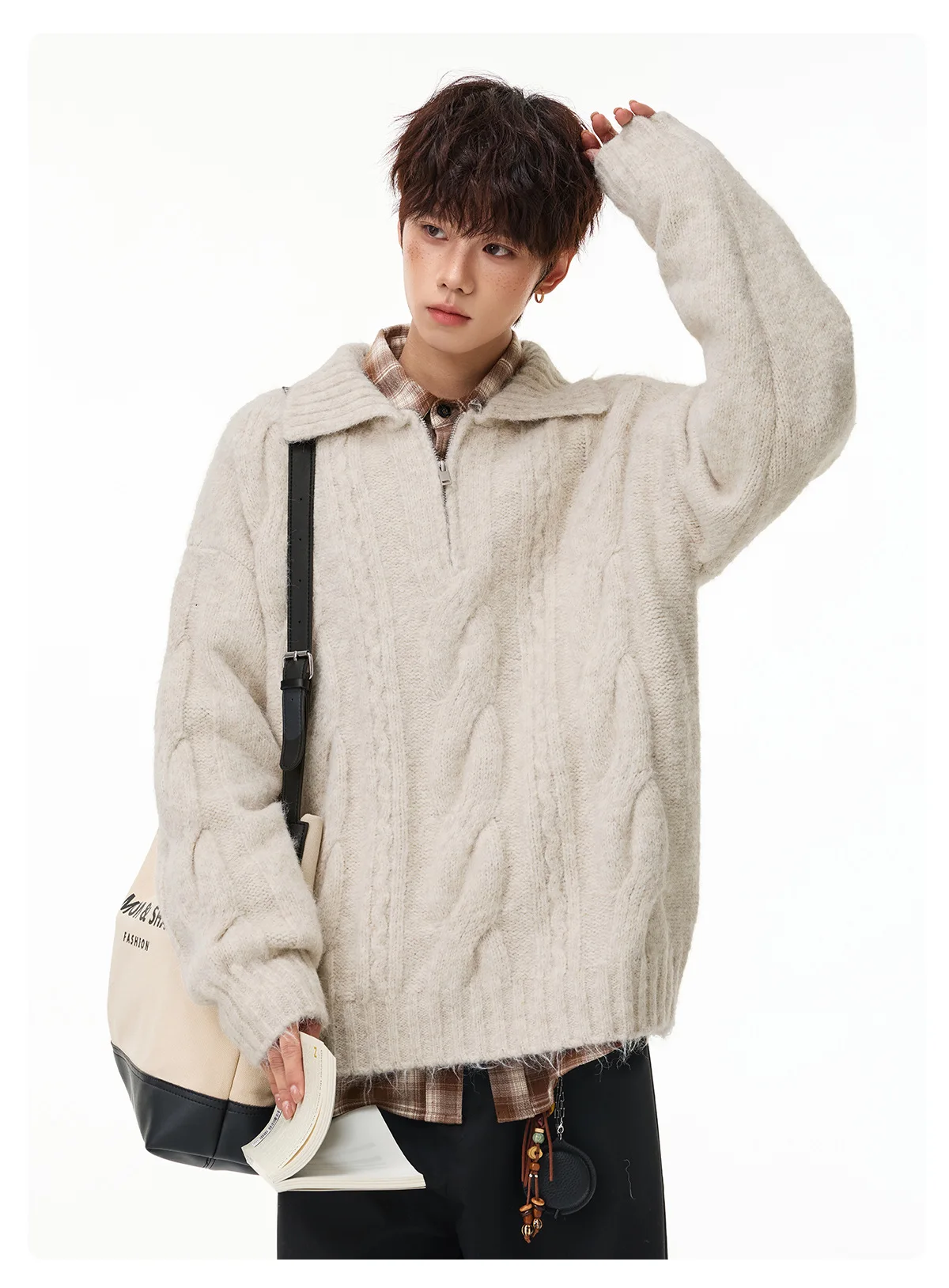 Men's Casual Sweater Lapel Half-Zip Relaxed Retro Loose-Fit Short-Sleeve Knit Jacket Autumn Winter.