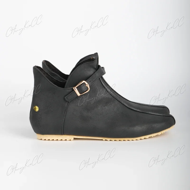 Botas de couro vintage medieval masculino com fivela marrom, sapatos baixos curtos, cavaleiro viking, príncipe, cosplay, fantasia pirata, renascentista