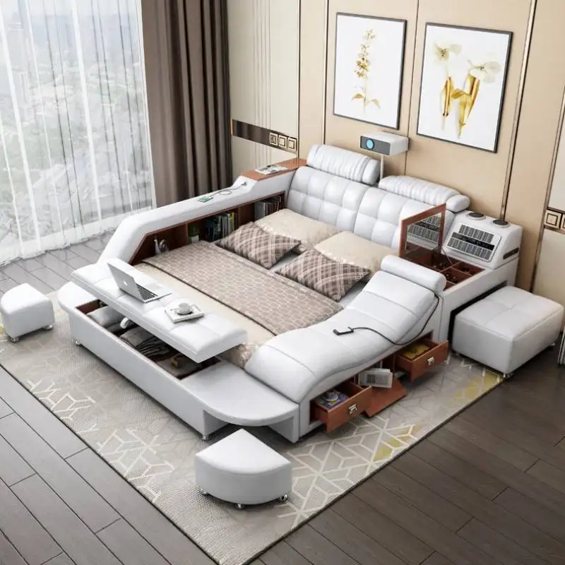 King Designer Double Bed Modern Style Headrest Queen Double Bed Floor Multifunctional Luzko Wielofunkcyjne Furniture for Bedroom