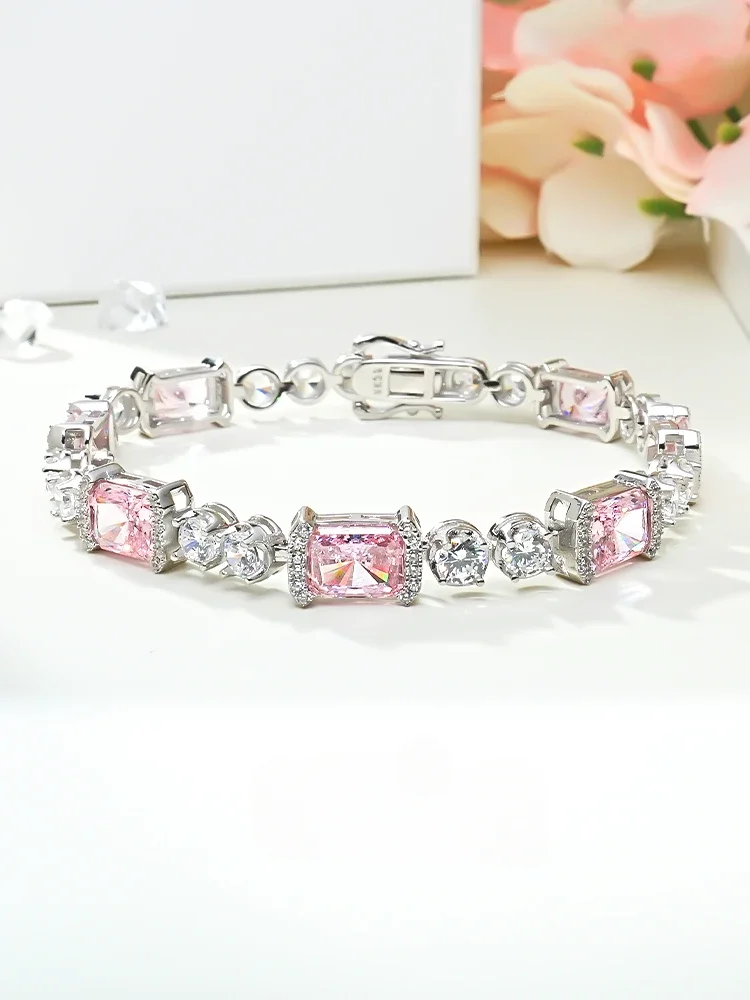 

Fashion Pink Diamond Full Diamond 925 Sterling Silver Bracelet Set with High Carbon Diamond Versatile Sweet Wedding Jewelry