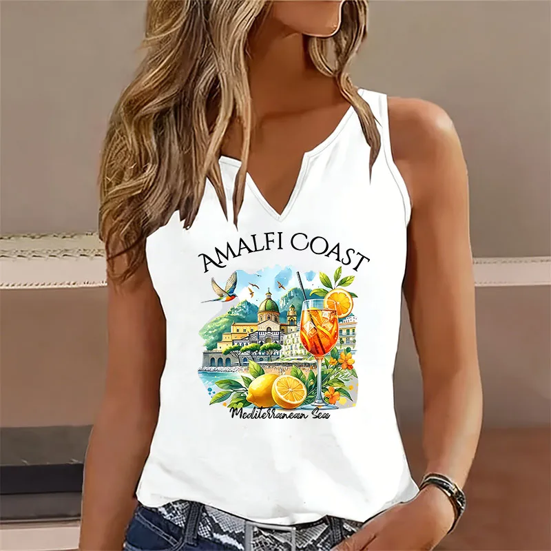 Fashion Amalfi Coast Lemon Sleeveless Tank Top T-shirt V Neck  Vest T Shirts Women Loose Tee Shirt V-Neck Summer