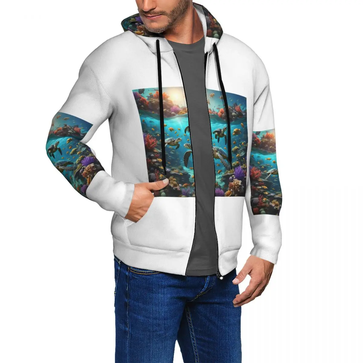 Deep Sea Turtle Underwater World Zipper Hoodies Hip Hop Pullover Autumn Winter Men's Women's Sweatshirt Long Sleeve Tops
