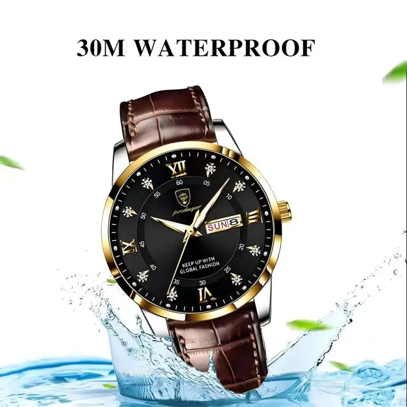 POEDAGAR Fashion Watch For Men Date Week Leather Male Wristwatch Waterproof Luminous Business Men's Quartz Watches Gift with Box