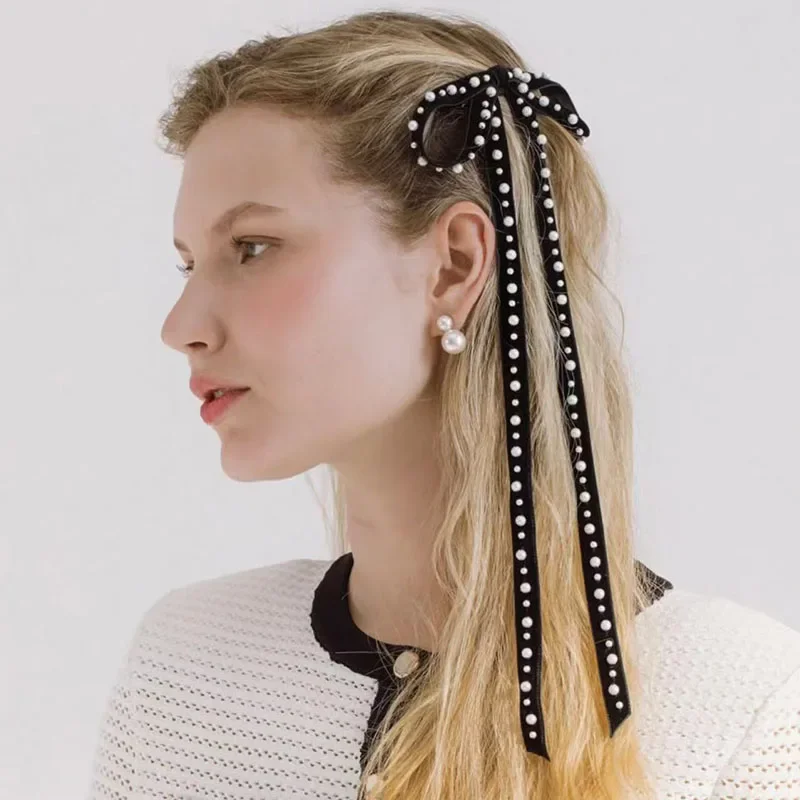 

Elegant Pearl French Hairpin Bow Hair Clip with Long Ribbon for Updos Side Hair Accessory