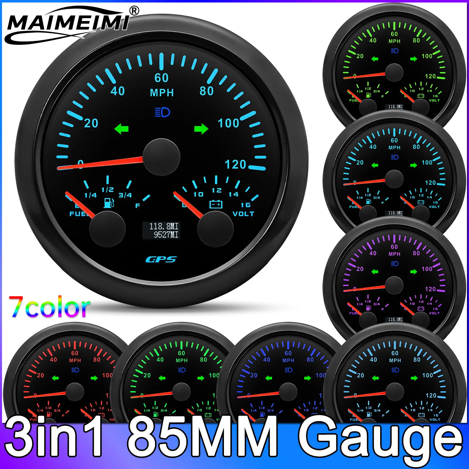

7 Color Backlight 85MM GPS Speedometer 120MPH Waterproof Universal Guage With GPS Antenna Fuel Level Guage Voltage For Boat Car