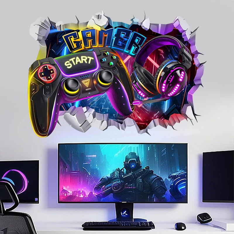 3D Broken Wall Hole Art Gamer Gamepad Vinyl Mural Stickers for Home Kids Room Boy Bedroom Play Zone Decoration Video Game Poster
