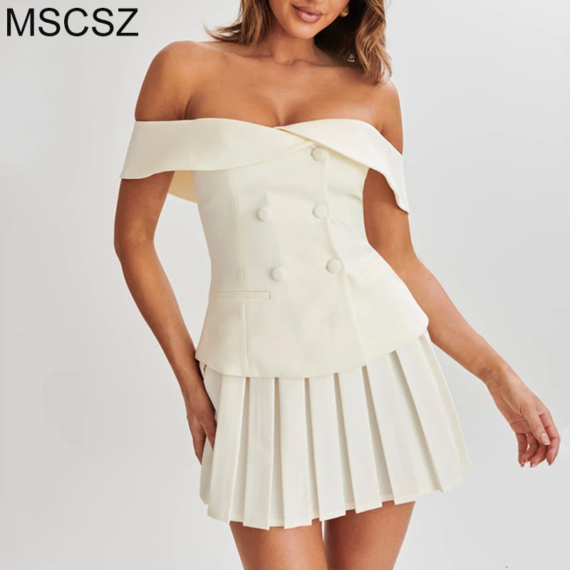 Pleated Mini Skirt Two Piece Set Elegant Rave Party Outfit Woman Off-shoulder Top And Skirt Sets Summer New In Matching Sets