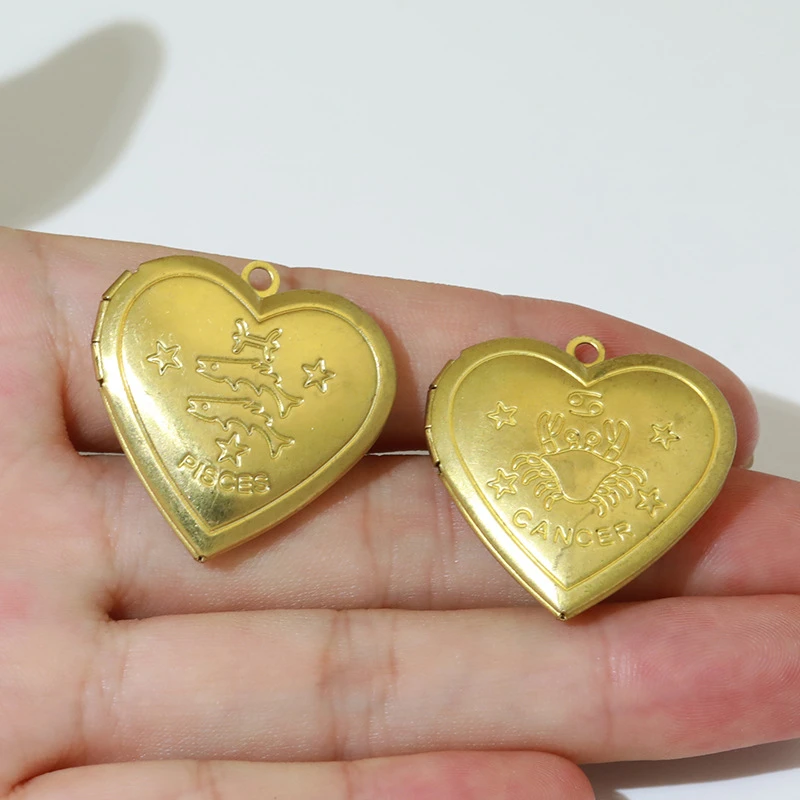 BoYuTe (50 Pieces/Lot) Heart Shaped Zodiac Sign Lockets Brass Photo Locket Pendants Can Open Handmade Diy Jewelry Accessories